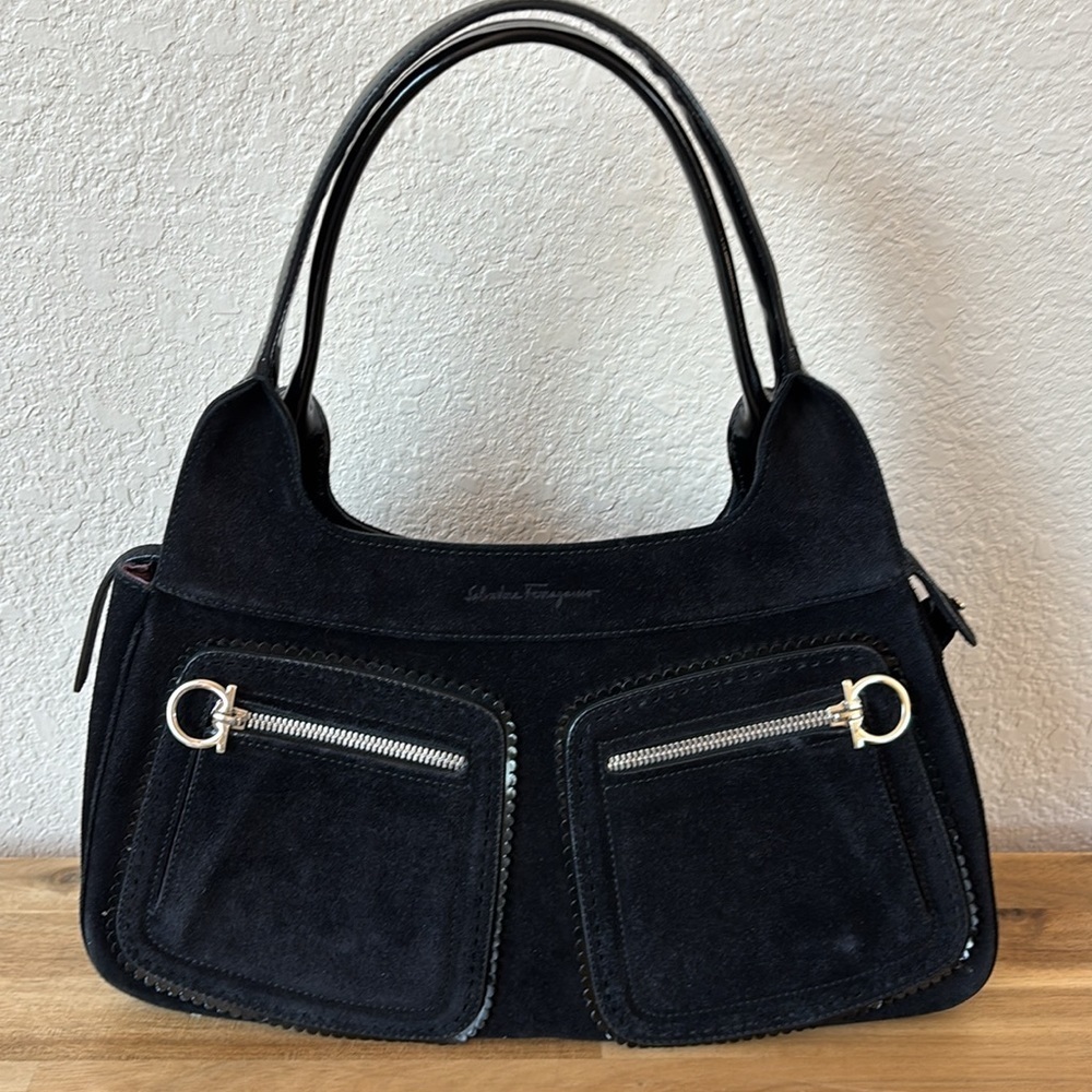 Salvatore Ferragamo Black Suede Gancini Pocket Shoulder Bag - Picture 2 of 14
